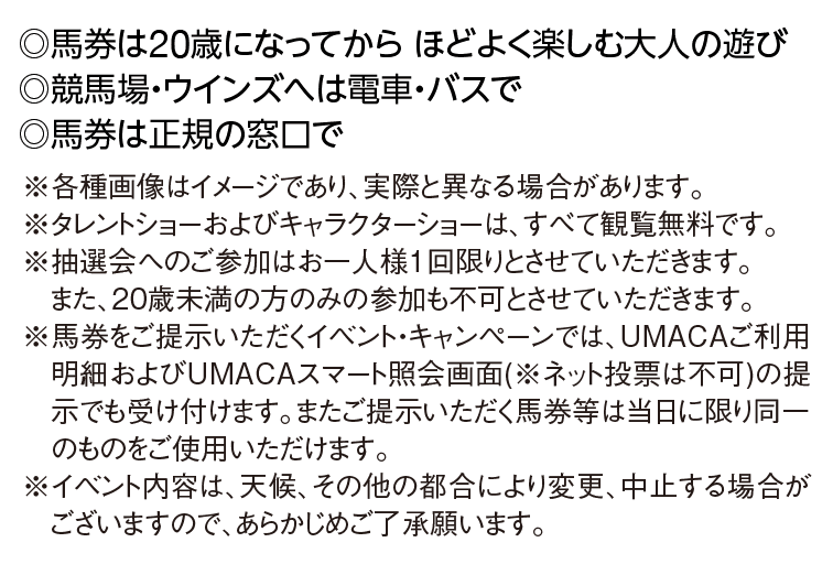 馬券は20歳になってからほどよく楽しむ大人の遊び、競馬場・ウインズへは電車・バスで、馬券は正規の窓口で